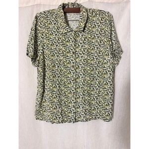 Linden Hill Button Up Women 2X Green Excellent Leaf Print Rayon Short Sleeve Top